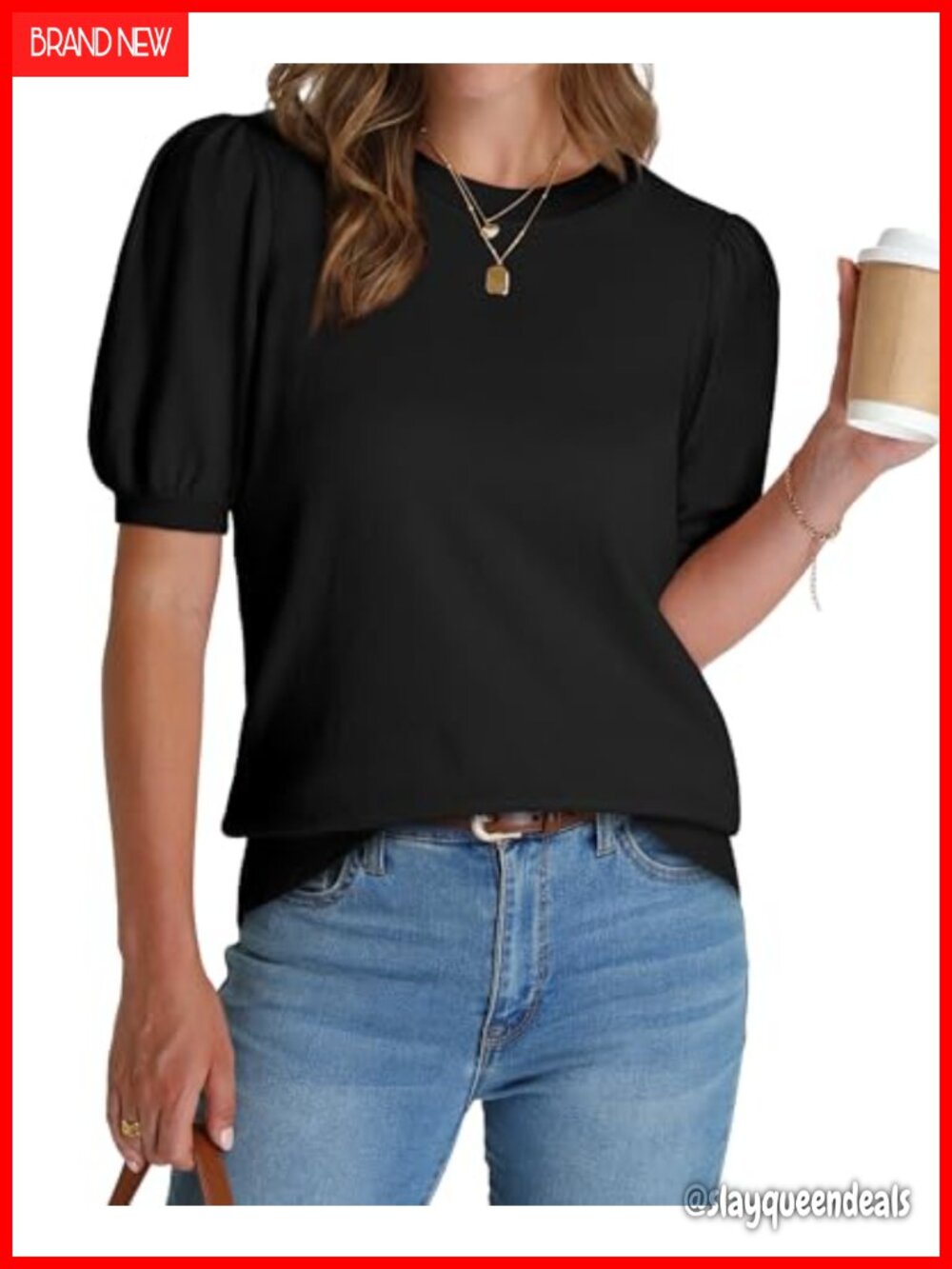 Puff Short Sleeve Knit Sweater Ribbed Hem Business Casual Top